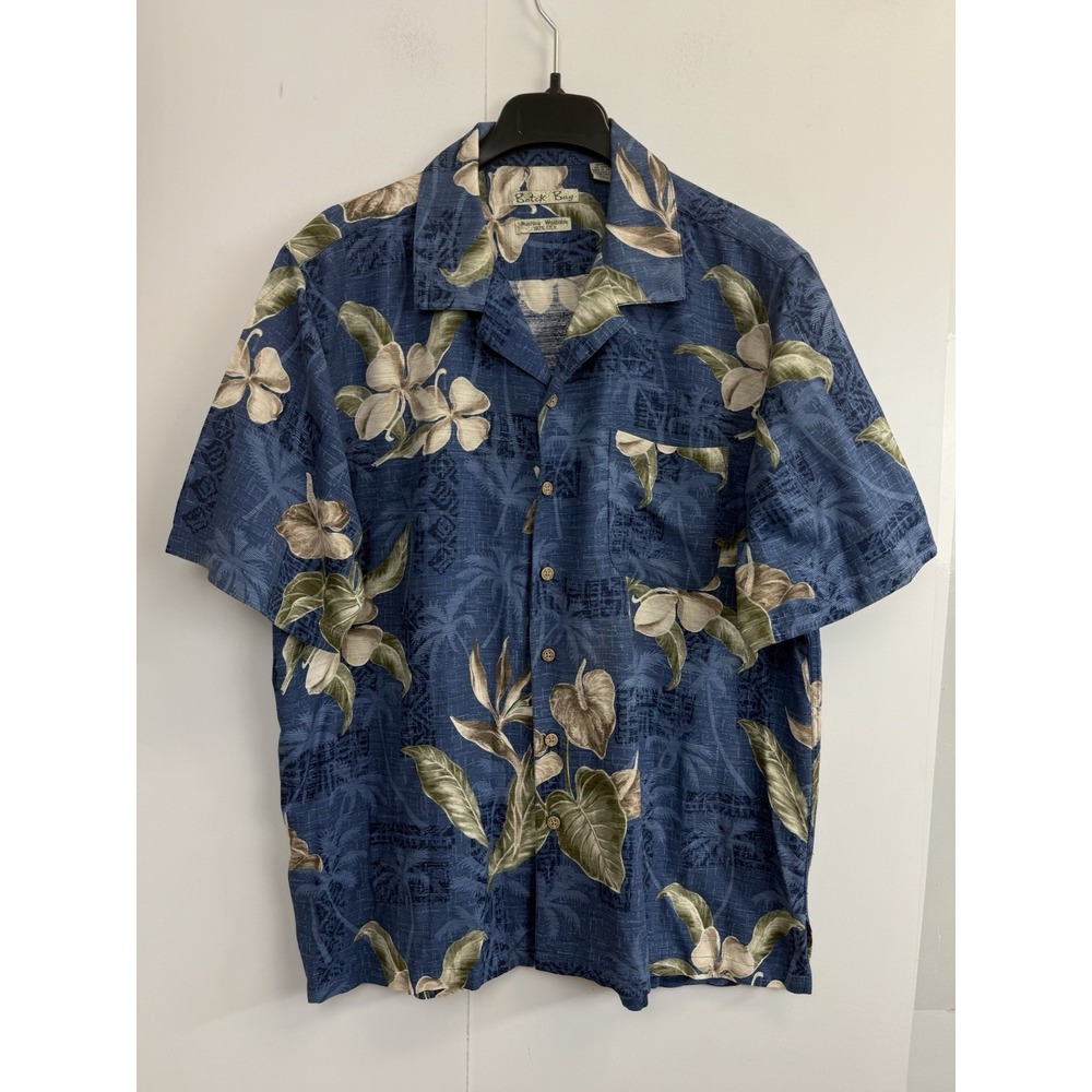 Batik Bay Men's L 100% Silk‎ Camp Shirt Hawaiian Short Sleeve Button Up Blue